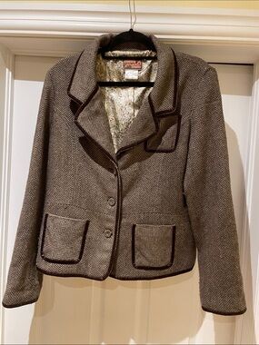 April Cornell Herringbone Brown Velvet Piped Blazer Jacket Dark Academia M
